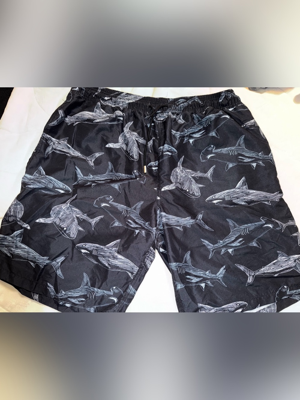 Men's Black Shark Print Swim Trunks 3x